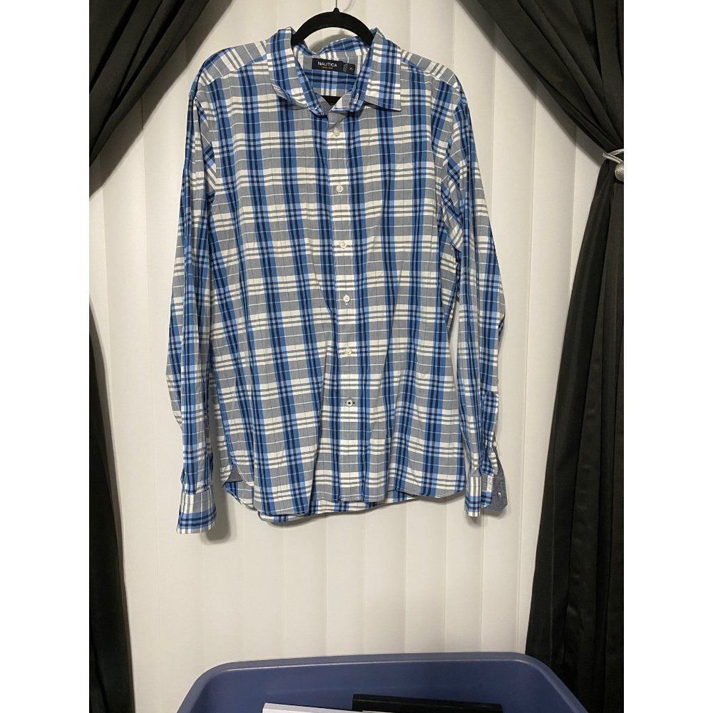 Nautica blue/grey/white checked button down shirt